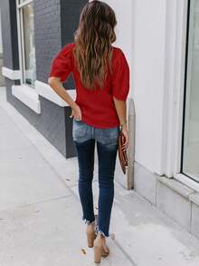 Camisa Feminina de Manga Curta Sólida, Camisa Casual de Verão com Decote Careca, Moda Camisa de Manga Bufante