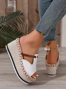 Luxury European Style Braided Rope Wedge Sandals, Summer! Open Toe Chunky Sole, Flexible Base, Suitable For Commuting And Vacation - White - View 4