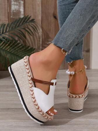 Luxury European Style Braided Rope Wedge Sandals, Summer! Open Toe Chunky Sole, Flexible Base, Suitable For Commuting And Vacation