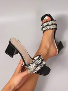 Pearls Decor Slide Sandals, Summer Outdoor Goddess Style Chunky Heel Slides - Black - View 6