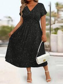 Women's Plus Size Elegant Dotted Twist Bodycon Dress - Black - View 3
