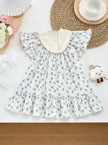 Baby Girl Ditsy Floral Embroidery Cap Sleeve Dress, Summer Baby Clothes - 杏色 - 查看 9