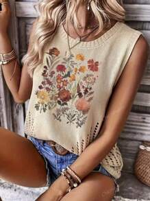 Nouveau Top sans manches à col rond à imprimé floral vintage et ajouré pour femme, pour le printemps et l'été. T-shirts d'été simples et élégants, adaptés pour le travail. Débardeurs d'été pour femmes