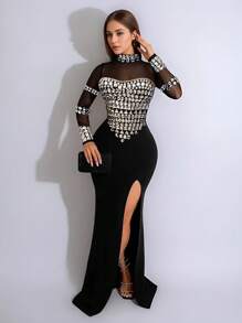 Elegant Women Full Sleeve Rhinestone Mesh High Side Split Mermaid Maxi Long Prom Dress Evening Sexy Party Wedding Guest Dress ,Gown,Formal - Black - View 2