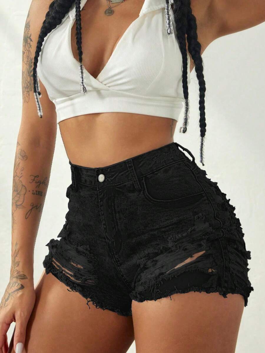 Rave Y2K Streetwear High Stretch Diagonal Pocket Frayed Hollow Out Distressed Denim Mini Shorts, Sexy Club Wear Denim Shorts For Spring/Summer Casual Black - 黑色 - 查看 1