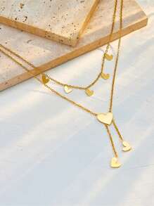 Double-Layer Heart Pendant Choker Necklace - Stainless Steel, Shell Accent, Sexy Simple Style, No Plating, Tassel Detail, For Daily And Party WearDouble-Layer Heart Pendant Choker Necklace - Stainless Steel, Shell Accent, Sexy Simple Style, No Plating, Tassel Detail, For Daily And Party Wear