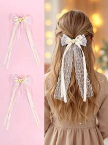2pcs Beige Bow Hair Clips,Lace Long Tail Hairpins,Flowers Bow Hair Accessories For Toddlers Kids Spring Summer Gifts