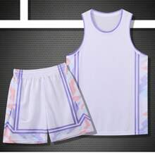 2 件个性化男子篮球球衣 - 定制姓名、号码和图片印花背心 + 短裤运动套装，适合团队穿着春夏季