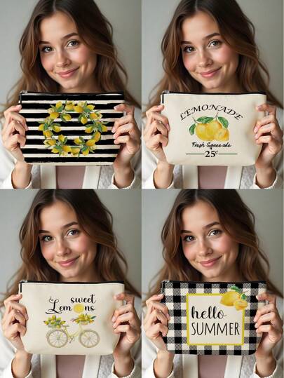 1pc Summer Lemon Wreath & Bicycle Letter Linen Printed Cosmetic Bag, Cute Travel Make-Up Pouch And Multipurpose Coin Purse, Lightweight Gift Necessity For Women,For Holiday Beach, Bathroom Collection, Bedroom Collection, Large Capacity