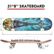 Paris Watercolor Hand Painted Eiffel Tower Flowers Outdoor Skateboard Longboards 31"X8" Pro Complete Skate Board Cruiser