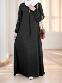 时尚长袖阿巴雅连衣裙，休闲家居服，饰有传统阿拉伯亮片，朴素