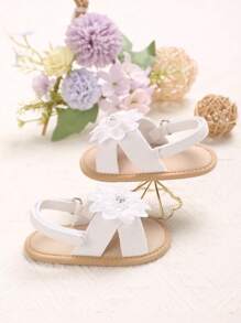 1 Pair White Summer Newborn Infant Girl 0-1 Year Old Floral Decor Soft Sole Sandals, Pre-Walking Shoes - White - View 5