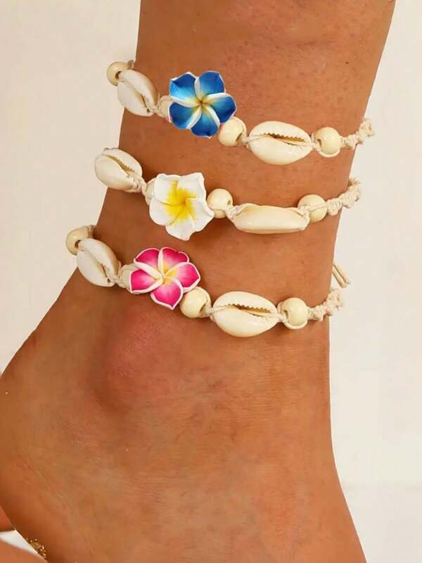 1 pièce Bracelet de cheville style bohème de plage, tressé, fleur en argile douce, perles et coquillage acrylique