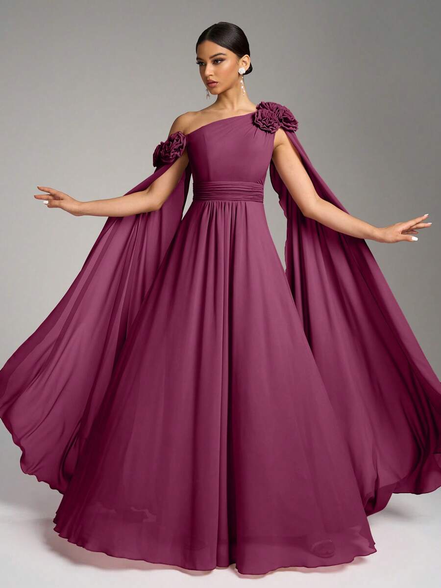 SUPGIR Asymmetrical Shoulder Floral Decor Extra Long Ruffle Waist Ruched Chiffon Dress, Bridesmaid Dress