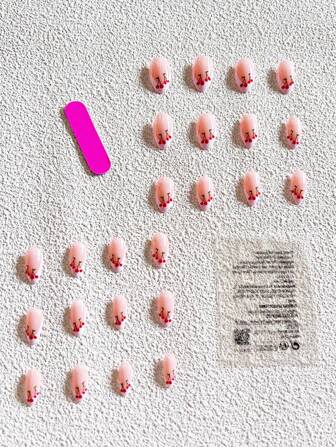The Popular Fruit Cherry French Fake Nail Set From Europe And The United States Uses 24 Short Almond Shaped Fake Nails, Paired With A Jelly And File, To Instantly Enhance Your Appearance. It Is Suitable For Daily Wear At Parties And Dances, And Is Recommended To Be Paired With Nail Glue For Longer Lasting Use Press On Nails Nail Supplies Nails