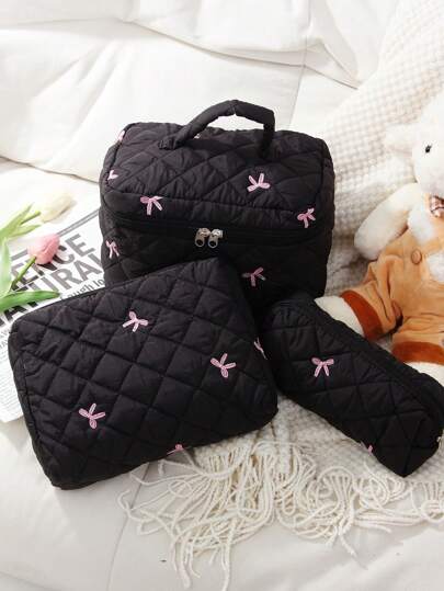 1 bucată/set de geantă de machiaj cu model fundă roz neagră Geantă portabilă de machiaj de călătorie cu fermoar Geanta de machiaj cu fermoar Depozitare multifuncțională Produse de îngrijire a pielii, cosmetice, ruj, mamă, soră, prieteni, profesori și propriul lor geantă de machiaj cu lac de unghii.