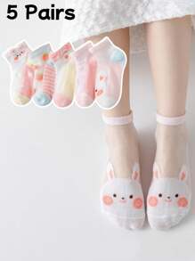 5 Pairs Kids Mesh Breathable Crew Socks, Cute Cartoon Rabbit Design, Lightweight For Spring/Summer, Sports & Daily Wear - Multicolor - View 13