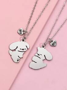 2 件不锈钢大耳朵小狗吊坠和心形 BFF 项链套装，适合日常佩戴和送给最好的朋友的礼物