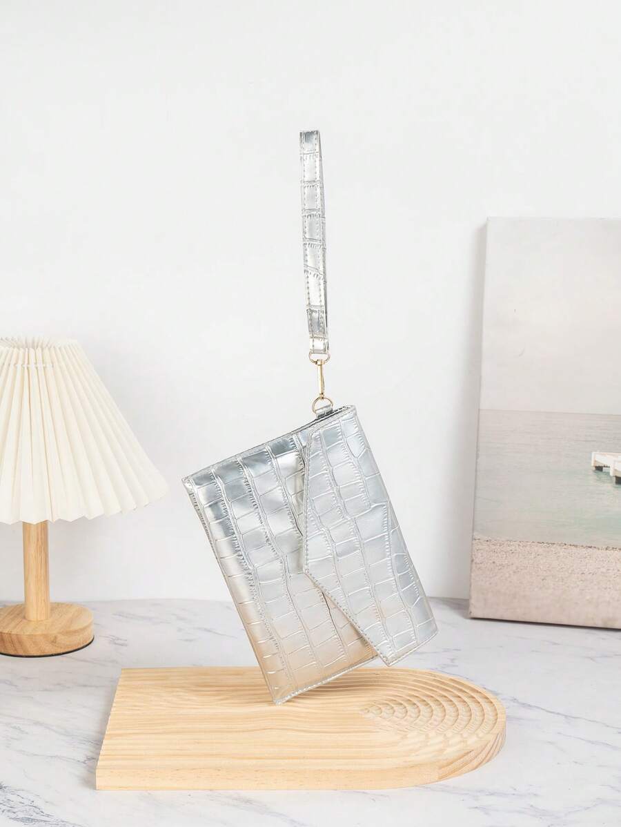 1 pieza Bolso de embrague minimalista con estampado de cocodrilo en PU plateado, con cadena de metal para el hombro y monedero, adecuado para mujeres, niñas, eventos, fiestas, compras, uso diario y viajes