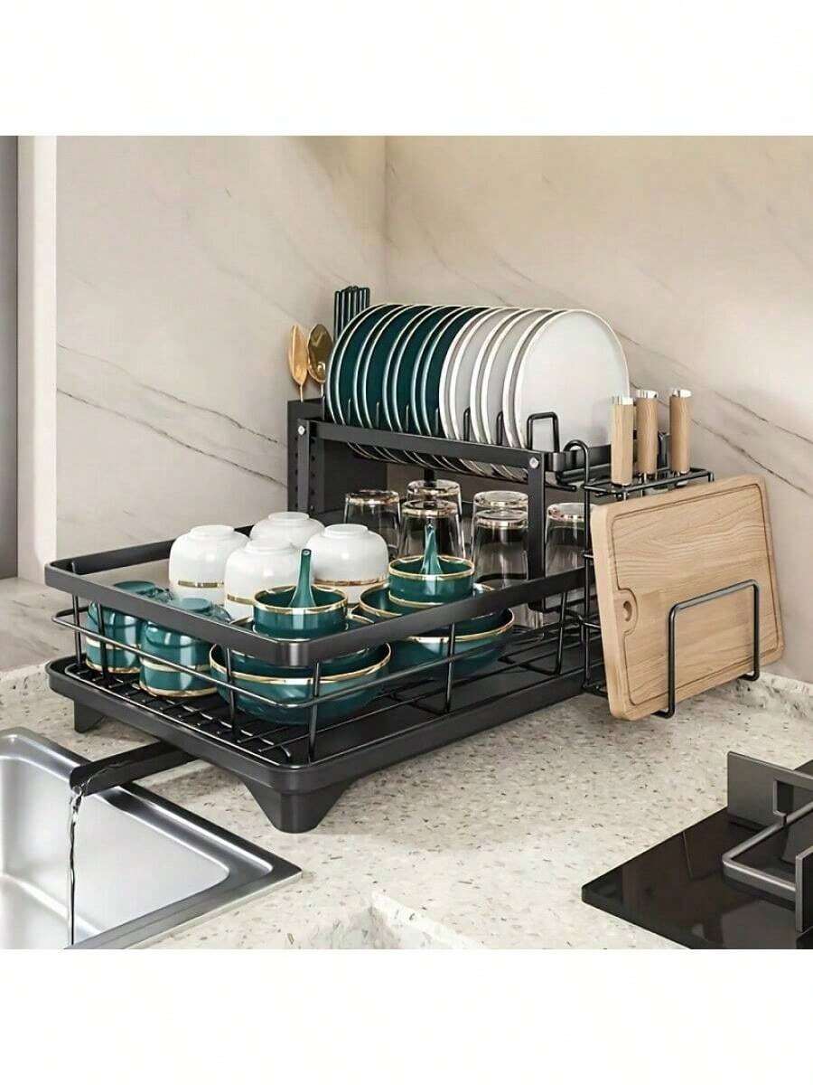 Chic Black Dish Drying Rack For Kitchen Counter - Includes Utensil & Cutting Board Holder, Rotating Spout, Durable Coating