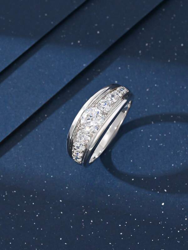 1pc S925 Silver Inlaid Shimmering Moissanite Ring, Versatile Fashion Suitable For Daily, Party, Music Festival, Mother's Day Gift, Ramadan Jewelry