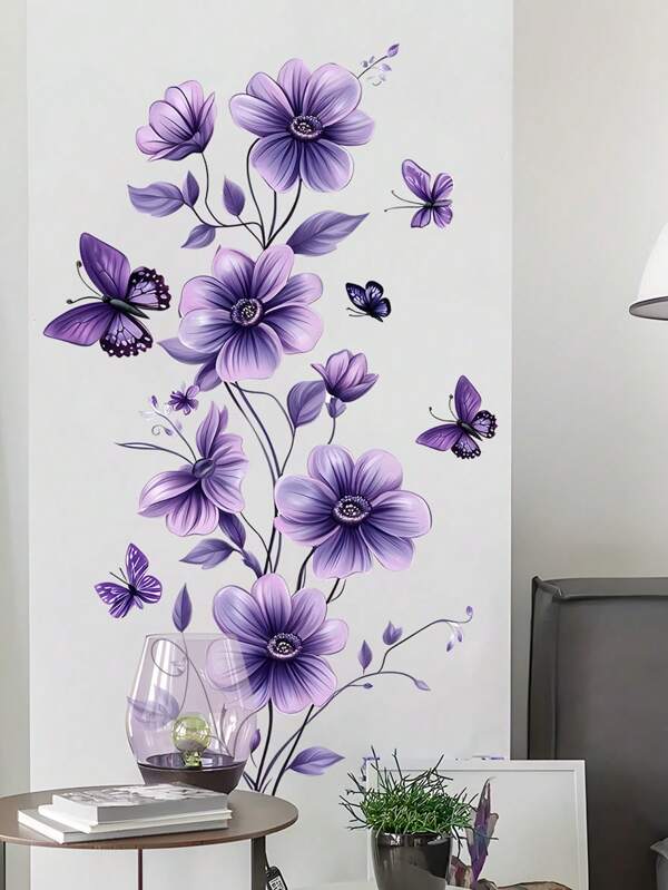 1pc Purple Flower Butterfly Wall Stickers Removable Floral Decor Peel And Stick Murals Wall Decals For Living Room Bedroom Door Aisle Sofa TV Backdrop Wall Home Decor Room Decor Wall Decor Bathroom Decor Wall Art Kitchen Home Decor Living Room Wall Paper House Decor Bedroom Decor Room Decoration Stuff Living Room Decor