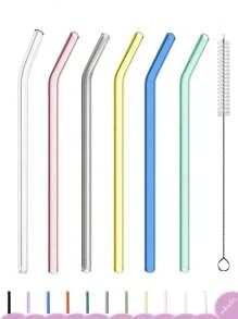 6支玻璃吸管配1个吸管清洁刷，可重复使用弯曲彩色玻璃吸管，8英寸x8毫米防碎可爱饮用吸管，配1个清洁刷，适用于咖啡、果汁、鸡尾酒、茶、饮料 - 彩色 - 查看 12
