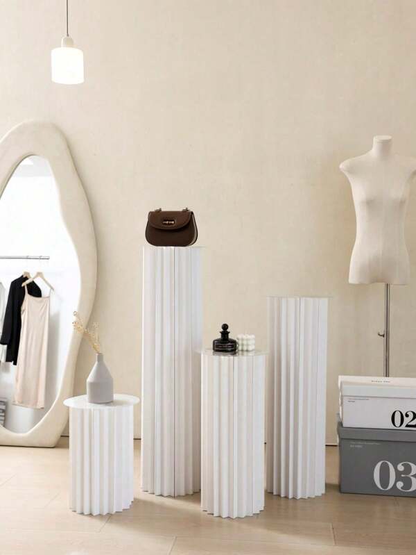 1/3/4pcs Set Cardboard Pedestal Stand, Folding Pillar Stand, Wedding Props, Floor Display Column Stand, DIY Pedestal Box With Round Top Plate Folding Paper Cylinder Column Pedestal Wedding Birthday Cake Flower Stand Rack,Material: Paper ,Can Bear 20kg