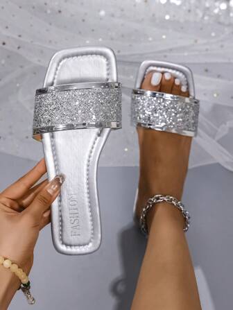 女士优雅凉鞋拖鞋，时尚法式浪漫亮片装饰，方头露趾设计，柔软舒适，高品质，稳定耐用的外底，适合室内/室外，时尚优雅的平底便鞋