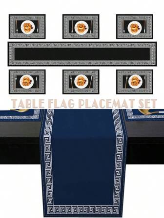 1/4/5/7 件几何希腊花卉图案桌旗和餐垫套装，海军蓝和黑色可洗桌布，亚麻餐垫，适用于餐厅、宴会厅、客厅、卧室、厨房、家居装饰，复古风格，双色，纯色，优雅印花，防滑隔热易清洁，理想的礼物，多功能，柔软可折叠，中式风格