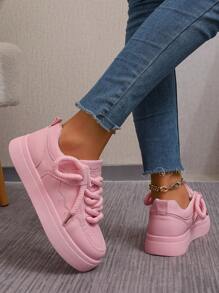 女春秋学院风大码鞋粗跟黑白拼接彩色黑色鞋子女鞋厚底增高女休闲运动鞋 - 粉色 - 查看 7