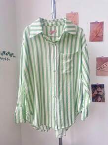 Frenchy Conjunto Listrado De Blusa De Manga Longa E Shorts Para Primavera E Verão SP037 - Verde - Visão 4