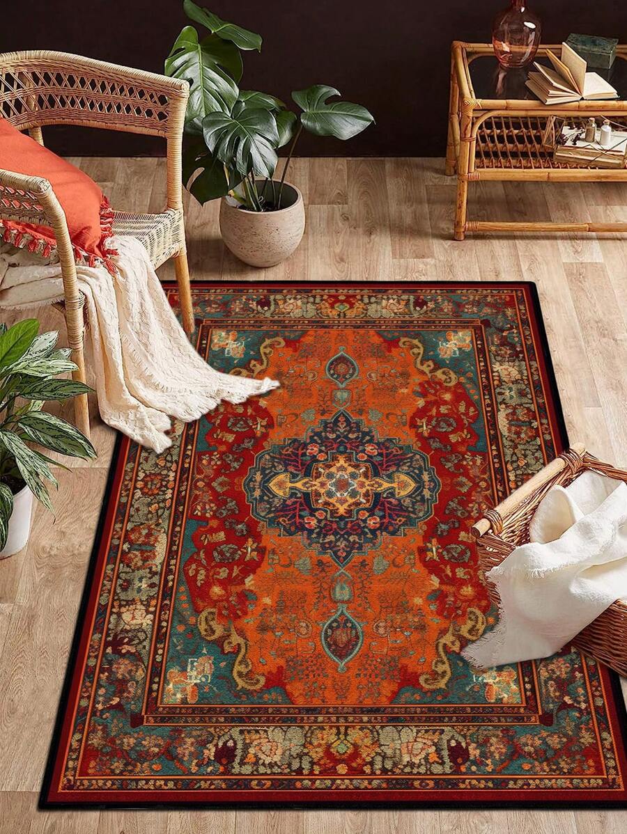 1 tấm thảm phong cách cổ điển, thảm hình chữ nhật bằng polyester truyền thống Bohemian màu đỏ cũ dễ giặt, thích hợp cho phòng khách, hành lang, đầu giường, phòng khách, phòng ngủ, văn phòng, nhà bếp, trang trí nhà theo phong cách trang trại