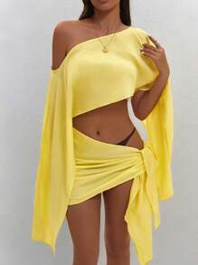 2 件套女士春夏纯色时尚优雅性感派对/海滩/度假露肩短款长袖上衣和系带侧边下摆迷你裙套装 - 黃色 - 查看 9