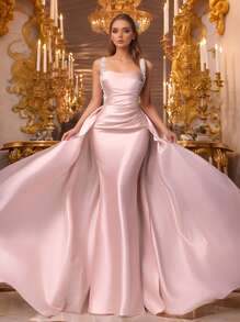 VIPGIRL Vestido de satén sin mangas con drapeado en color rosa champán, con tirantes de lentejuelas y cola larga. Vestido formal elegante de sirena para mujeres, vestidos de graduación, vestidos de noche, vestidos de invitada de boda, lujoso y glamoroso vestido de gala