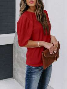 Camisa Feminina de Manga Curta Sólida, Camisa Casual de Verão com Decote Careca, Moda Camisa de Manga Bufante