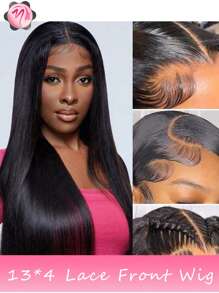 Tóc hỗn hợp được làm từ tóc người pha trộn với sợi tổng hợp và sợi protein. Tóc giả ren phía trước không keo 13x4 mật độ 180% - Tóc hỗn hợp của người Brazil, được nhổ sẵn với tóc con, Tóc giả đen thẳng cho phụ nữ, Kiểu tóc tự nhiên, Kiểu tóc bồng bềnh và mượt mà, Kiểu tóc thời trang | Vẻ ngoài thanh lịch | Tóc giả bồng bềnh và mượt mà (Tóc giả bob dài 6-16 inch, Tóc giả dài 18-36 inch) Tóc hỗn hợp - Tự nhiên & Đen - Xem 3