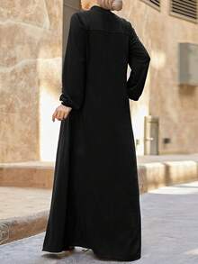 Women Stand Collar Zipper Front Pockets Casual Loose Dress, Modest - Black - View 2