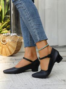 2025 Spring/Summer New Pointed Toe Mid Heel Slip-On Shoes, Shallow Strap Fashionable Minimalist Flats - Black - View 2