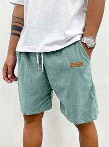 Loose Fit Green Corduroy Straight Leg Shorts, Men's Printed Street Style Casual Summer Sports Shorts