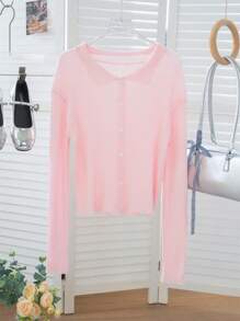 Delicate & Romantic Light Pink Spring/Summer Cardigan For Women, Thin Notched Collar Long Sleeve Button Up Knit Outerwear