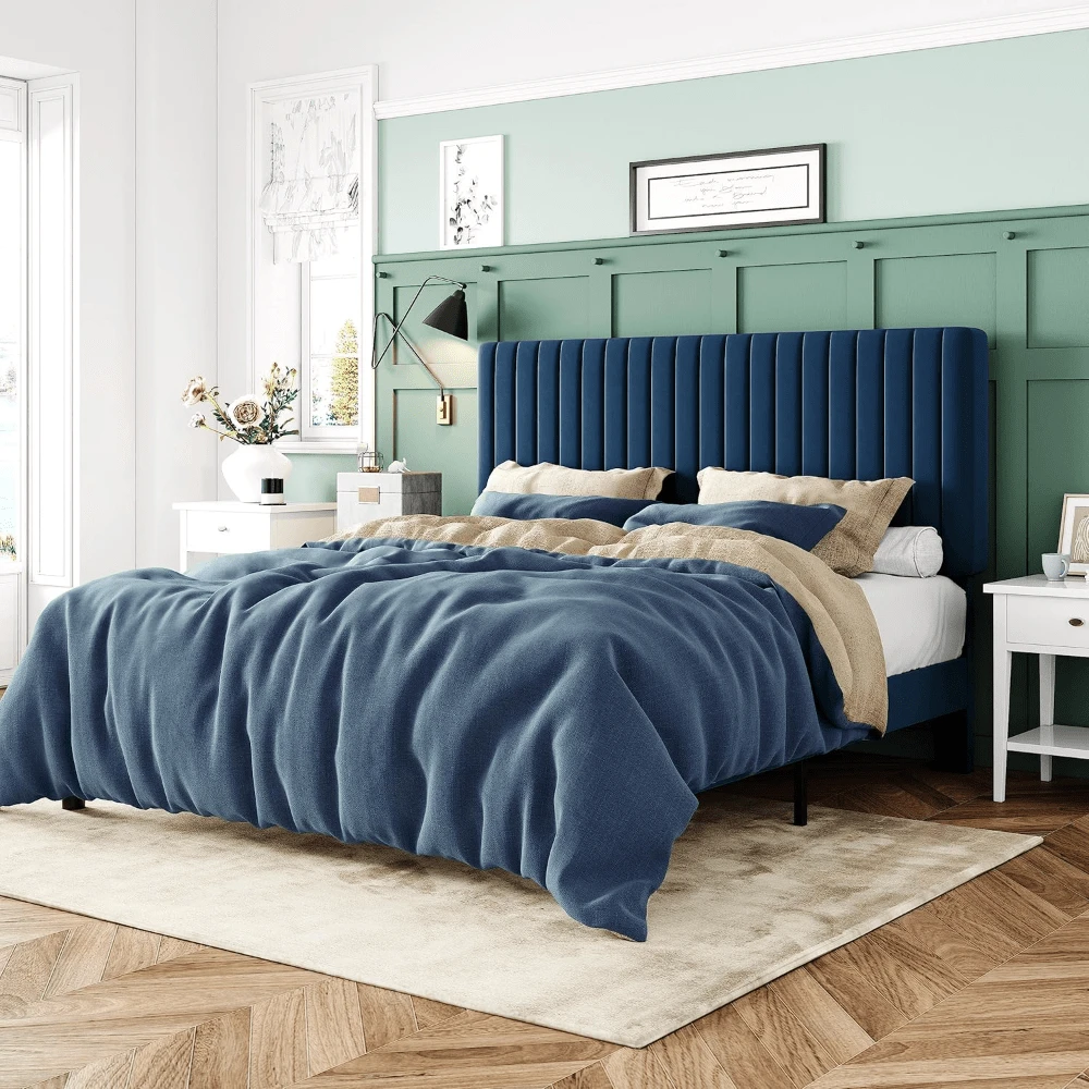Allewie Queen Bed Frame, Velvet Upholstered Platform Bed With Adjustable Vertical Channel Tufted Headboard, Mattress Foundation With Strong Wooden Slats, Box Spring Optional, Easy Assembly, Green