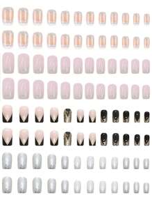 1 套 96 件中长混色按压指甲，华丽法式全覆盖假指甲，带金色和银色闪光渐变，闪亮指甲装饰适合女性和女孩