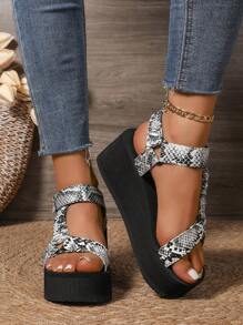 Women's New Snake Print Lace-Up Wedge Sandals - Fashionable Summer Shoes, Lightweight And Comfortable For Casual Wear, Elastic Criss-Cross Straps Design Non-Binding Beach High Heel Sandals, Ideal For Summer