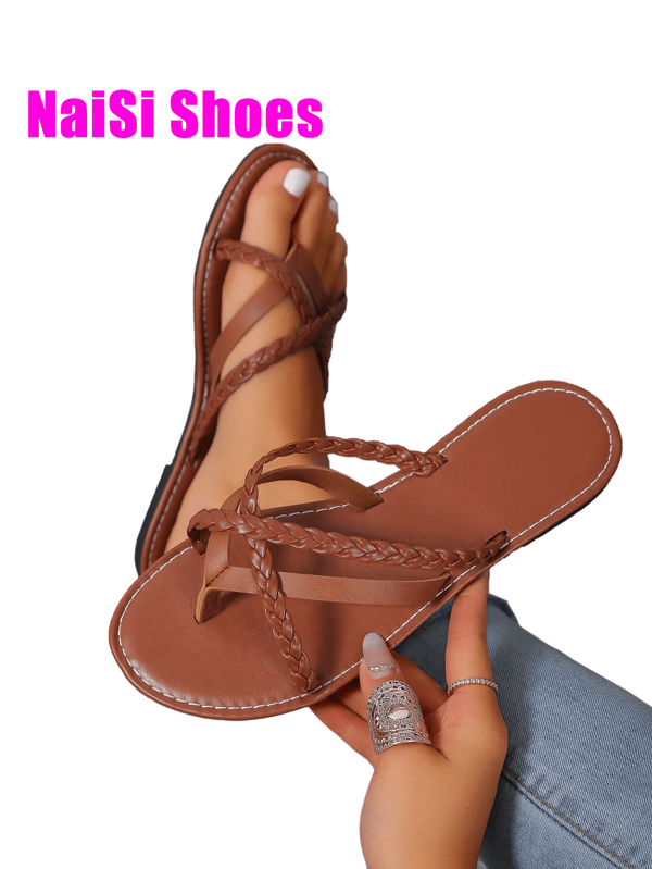 Women Woven Strap Criss-Cross Flat Sandals, Casual Beach Slippers, Comfortable Lightweight Flip Flops, Black, Brown, Chocolate Brown, Silver