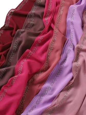 1 pièce Écharpe hijab en mousseline de soie avec paillettes et diamants, de couleur unie, élégante et sobre. Faux strass, châle musulman. Couvre-chef de protection solaire pour femmes