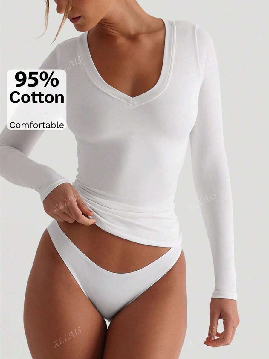 Camiseta de mujer XLLAIS con cuello en V sexy, elástica, gris, suave y casual de manga larga