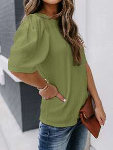 Camisa de Manga Curta Sólida Feminina, Camisa Casual de Verão com Gola Careca, Moda Camisa de Manga Bufante