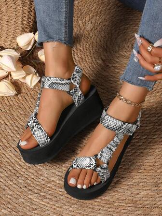 Women's New Snake Print Lace-Up Wedge Sandals - Fashionable Summer Shoes, Lightweight And Comfortable For Casual Wear, Elastic Criss-Cross Straps Design Non-Binding Beach High Heel Sandals, Ideal For Summer