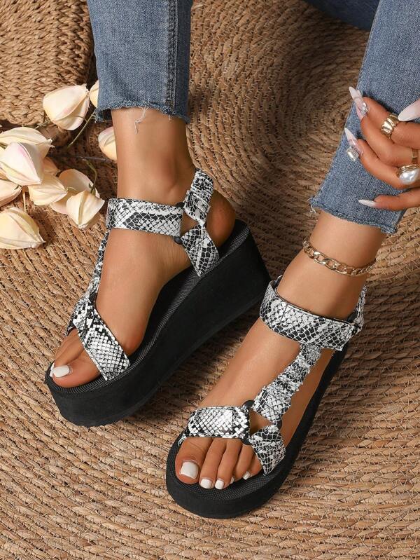 Women's New Snake Print Lace-Up Wedge Sandals - Fashionable Summer Shoes, Lightweight And Comfortable For Casual Wear, Elastic Criss-Cross Straps Design Non-Binding Beach High Heel Sandals, Ideal For Summer